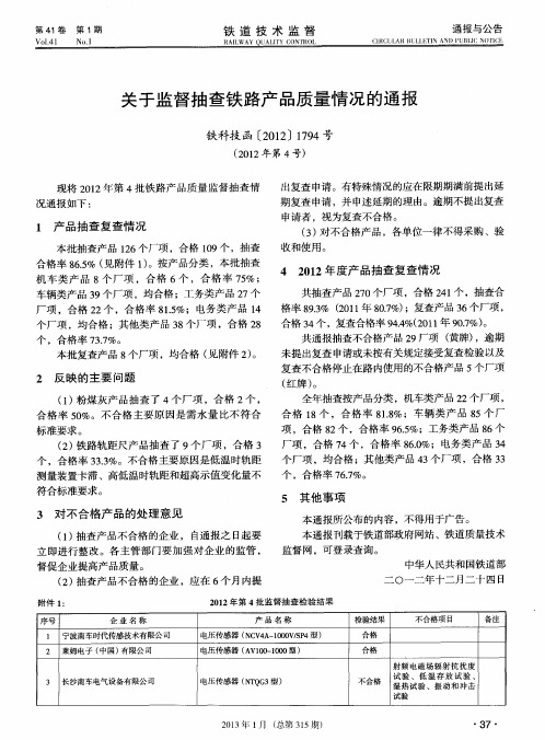 关于监督抽查铁路产品质量情况的通报