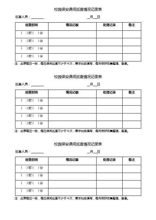 校园保安课间巡查情况记录表