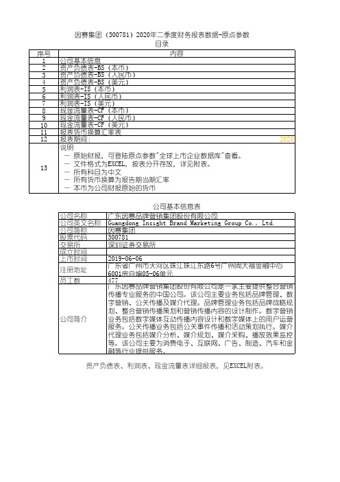 因赛集团(300781)2020年二季度财务报表数据-原点参数