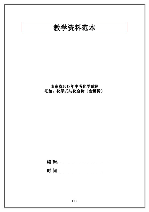 山东省2019年中考化学试题 汇编：化学式与化合价(含解析)