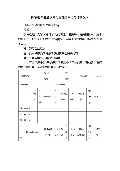 国家创新基金项目可行性报告（写作模板）