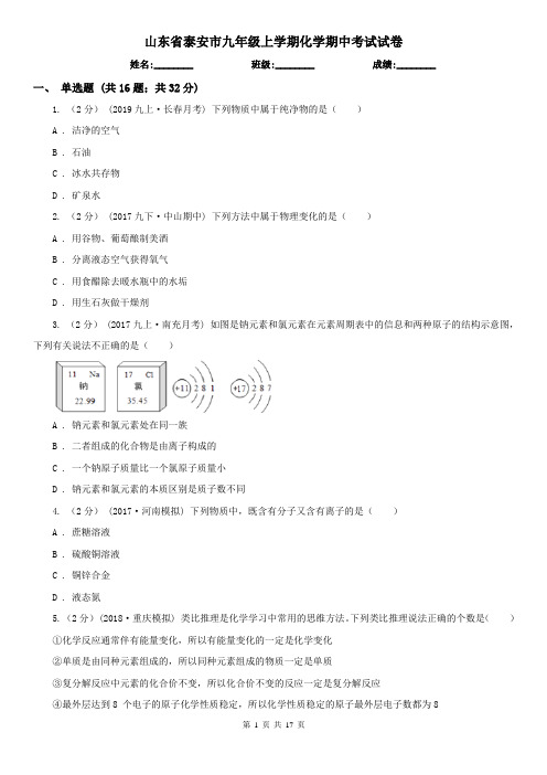 山东省泰安市九年级上学期化学期中考试试卷