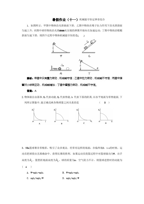 高二物理暑假作业(十一)机械能守恒定律章综合+