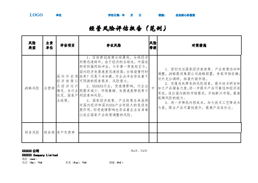 公司经营风险评估报告表范例