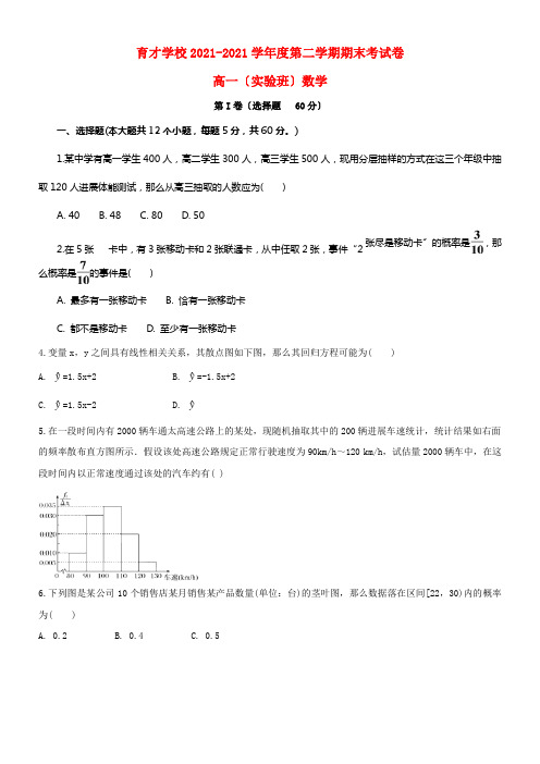 安徽省滁州市定远县育才学校20212021学年高一数学下学期期末考试试题（实验班）