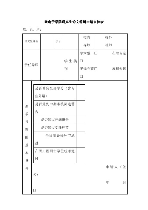 微电子学院研究生论文答辩申请审核表