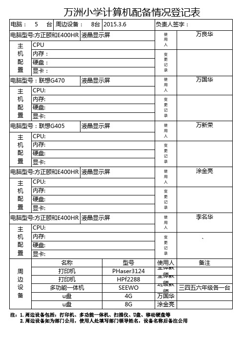 电脑配置使用登记表