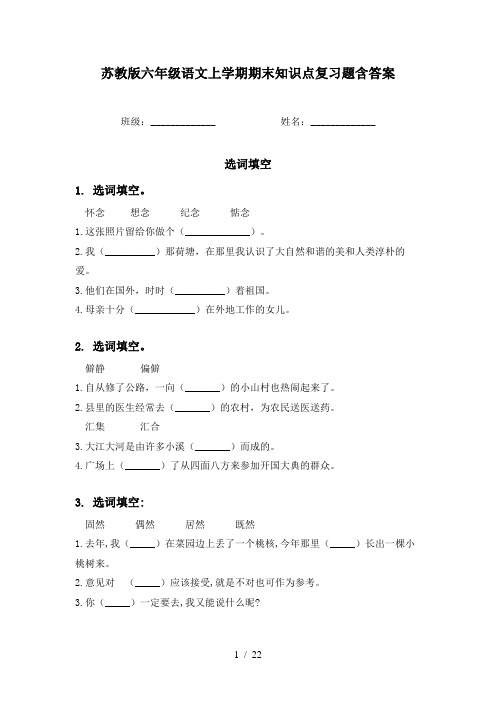 苏教版六年级语文上学期期末知识点复习题含答案