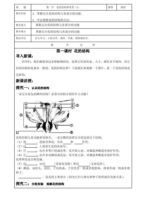 花的结构和类型(第1课时)教学案济南版生物八年级上册