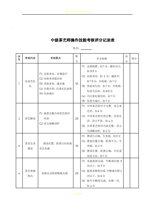 中级茶艺师操作技能考核评分记录表