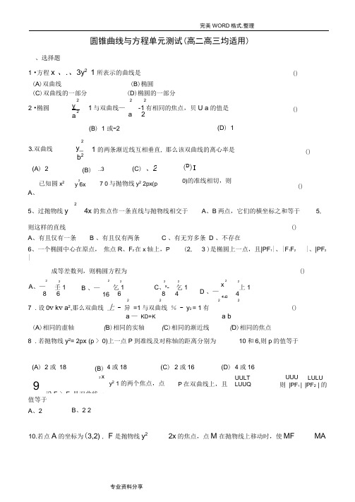 (完整版)(最新)圆锥曲线单元测试题(含答案解析)