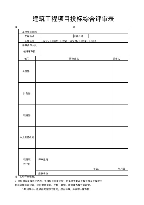 建筑工程项目投标综合评审表