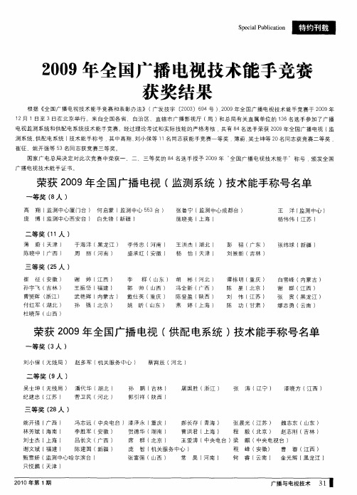 2009年全国广播电视技术能手竞赛获奖结果