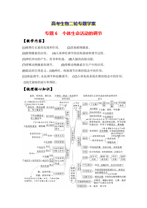 高考生物二轮专题学案：专题6 个体生命活动的调节