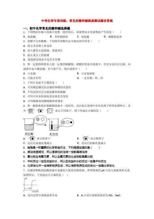 中考化学专项训练：常见的酸和碱提高测试题含答案