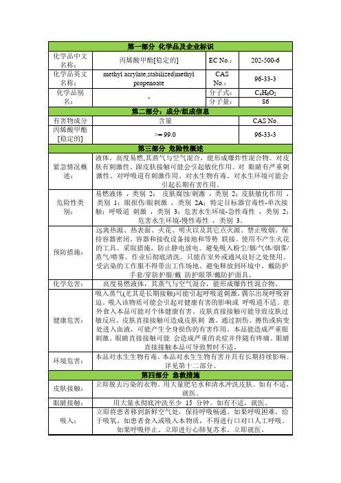 丙烯酸甲酯安全技术说明书msds