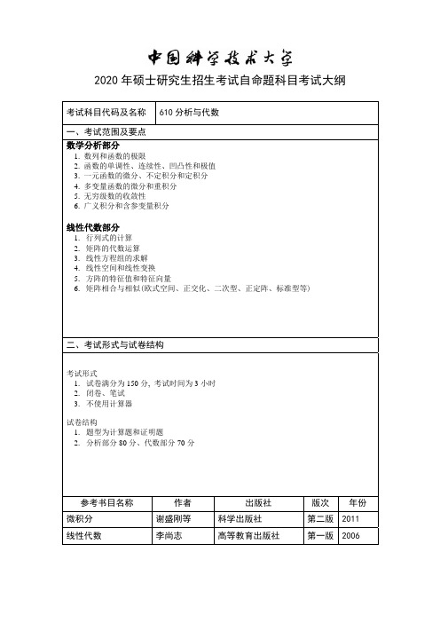 中国科技大学610分析代数2020年考研专业课初试大纲