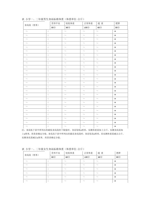 小学一、二年级身高标准体重