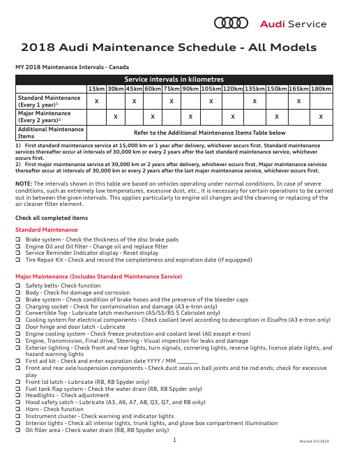2018奥迪维修保养表-所有车型说明书