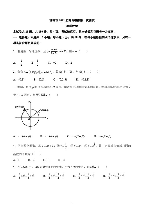 陕西省榆林市2020-2021学年高三上学期第一次高考模拟测试理科数学试题