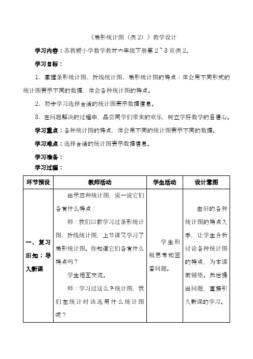 2018学年苏教版小学数学六年级下册-《扇形统计图(例2)》教学设计