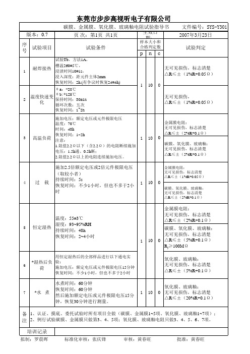 碳膜、金属膜、氧化膜、玻璃釉电阻试验指导书0.7