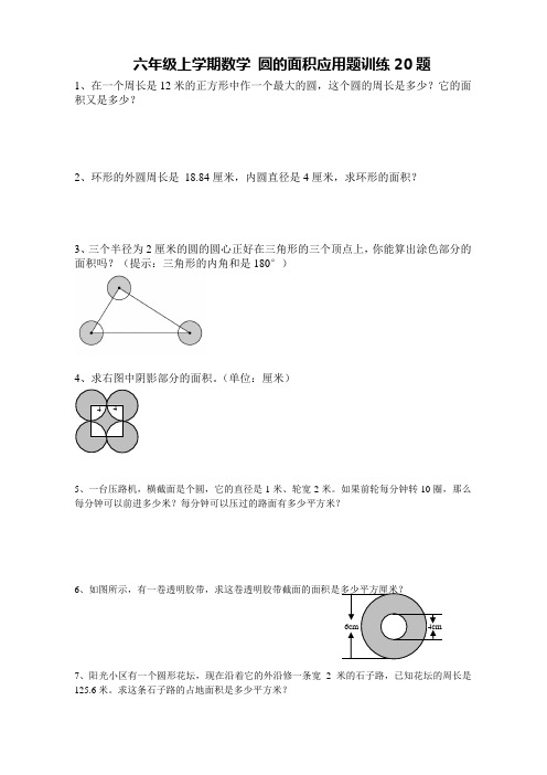 六年级上学期数学 圆的面积 应用题针对性训练20题 后面带详细答案