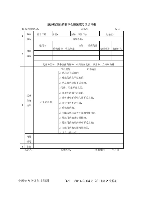 药剂科静脉输液类药物不合理医嘱专项点评表