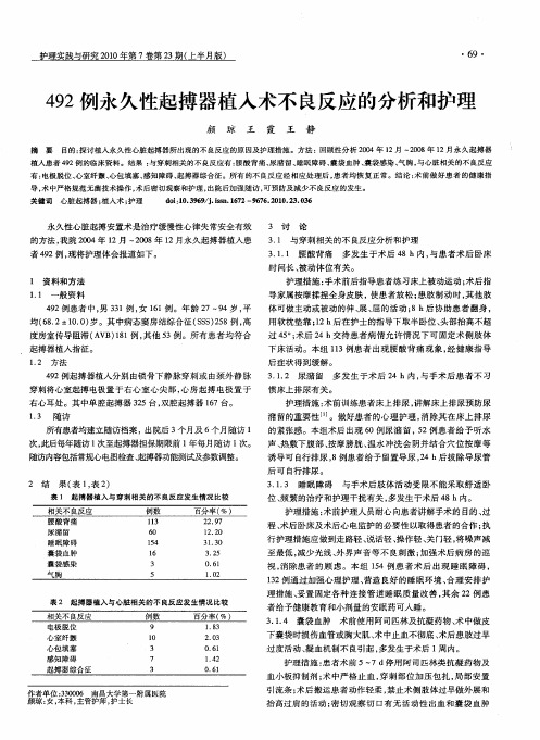 492例永久性起搏器植入术不良反应的分析和护理