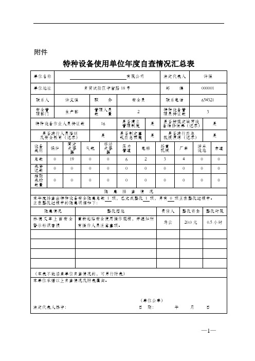 特种设备使用单位年度自查情况汇总表