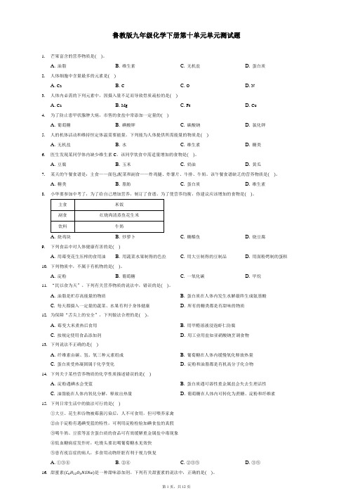 鲁教版九年级化学下册第十单元  化学与健康 测试题(含解析)