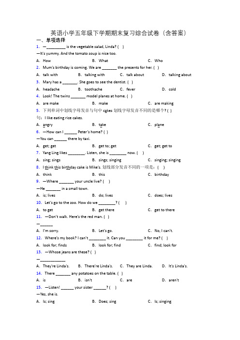 英语小学五年级下学期期末复习综合试卷(含答案)