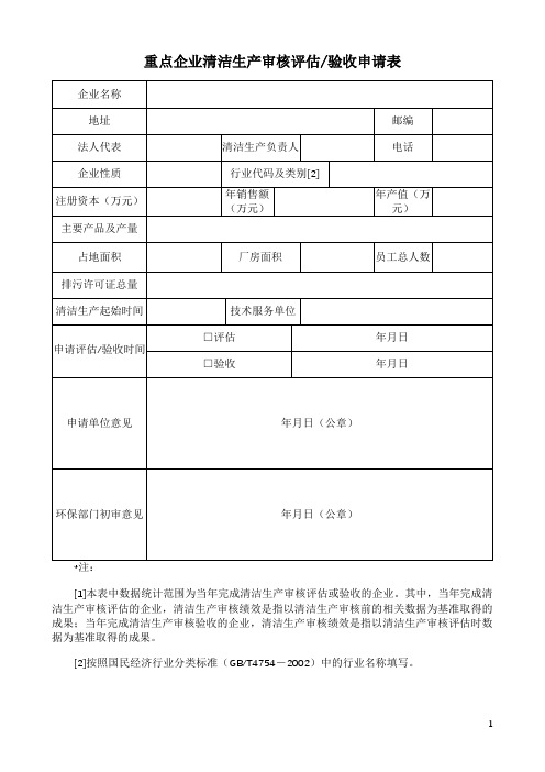 重点企业清洁生产审核评估、验收申请表