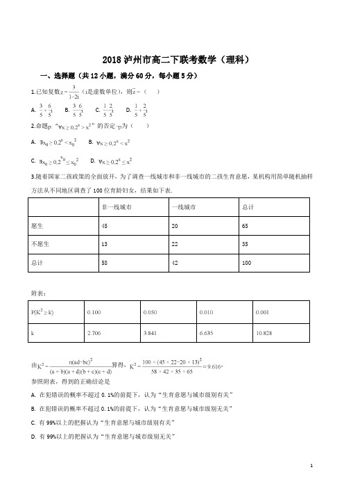 2018泸州市高二下联考数学