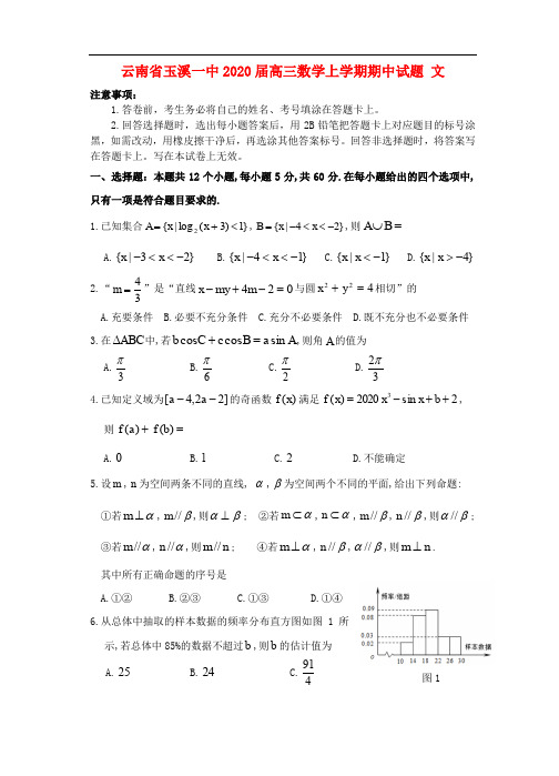 云南省玉溪一中2020届高三数学上学期期中试题文