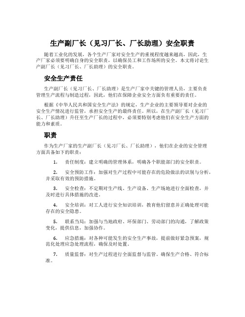 生产副厂长(见习厂长、厂长助理)安全职责