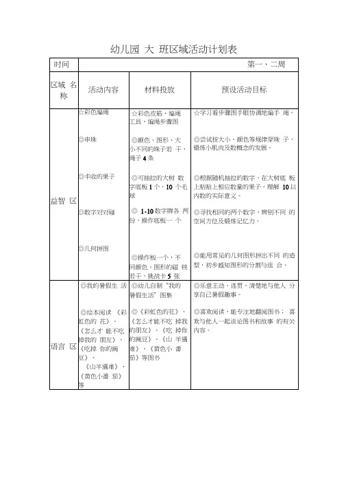 幼儿园大班区域活动计划表