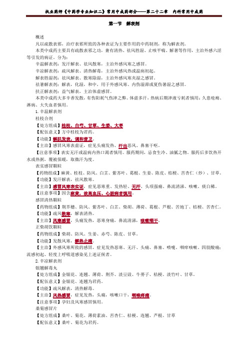 执业药师《中药学专业知识二》常用中成药部分——第二十二章 内科常用中成药