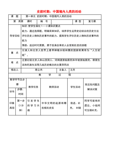 吉林省通化市七年级历史上册第1单元《史前时期:中国境内人类的活动》复习导学案(无答案)新人教版