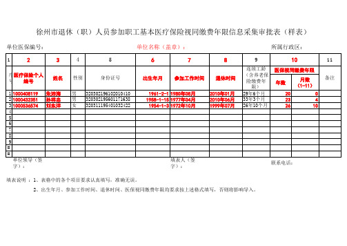 徐州市退休(职)人员参加职工基本医疗保险视同缴费年限信息采集审批表(样表)