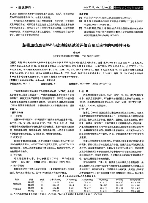 脓毒血症患者BNP与被动抬腿试验评估容量反应性的相关性分析