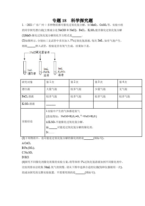 专题18 科学探究题-2021年中考化学真题分项汇编(全国通用)(第04期)(解析版)