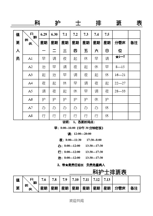 科护士排班表格模板