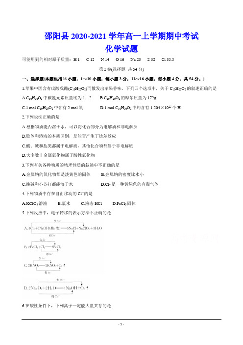 邵阳县2020-2021学年高一上学期期中考试 化学试题(含答案)