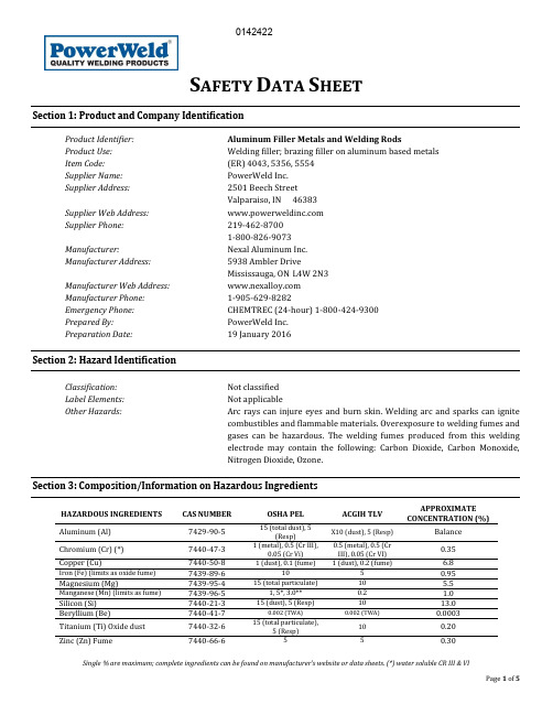 PowerWeld Inc. 铝合金焊胶和焊丝安全数据表说明书