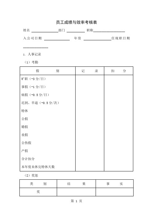 员工成绩与效率考核表格式3页word文档