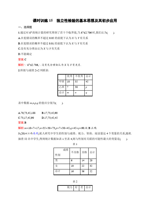 高中数学人教A版选修2-3课时训练：3.2独立性检验的基本思想及其初步应用总结