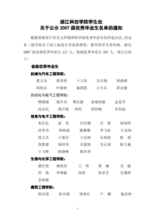 浙江科技学院学生处关于公示2007届优秀毕业生名单的通知