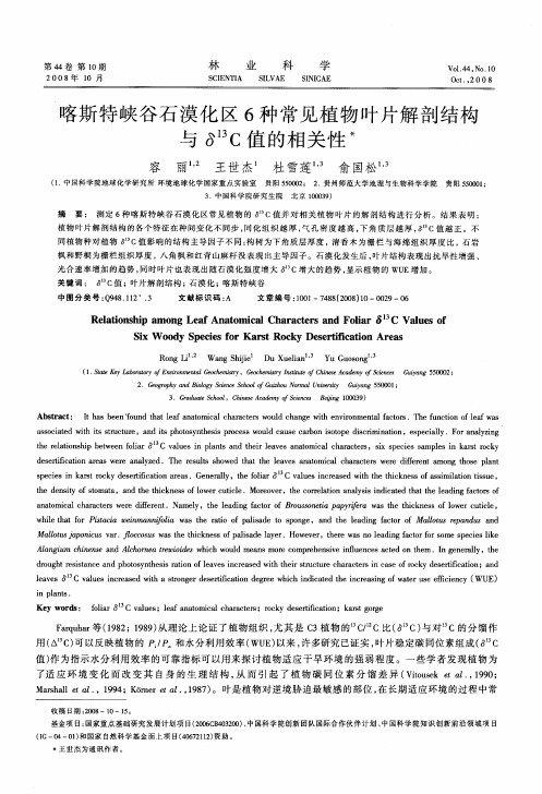 喀斯特峡谷石漠化区6种常见植物叶片解剖结构与δ13C值的相关性