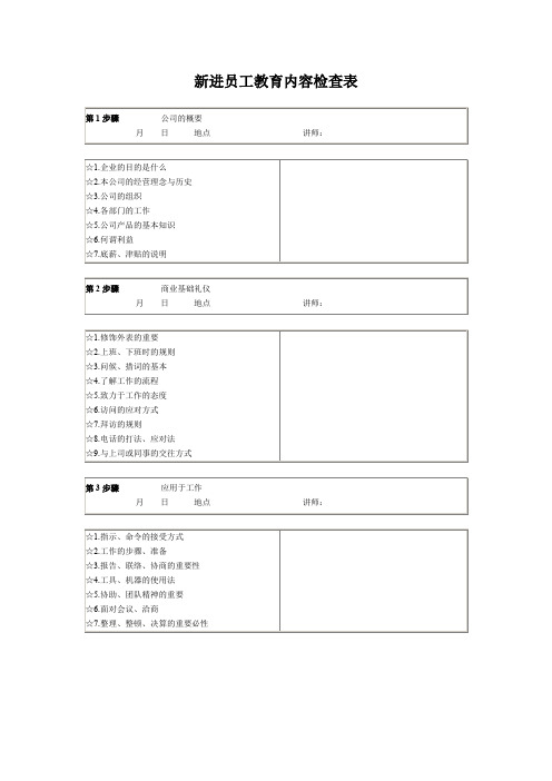 新进员工教育内容检查表